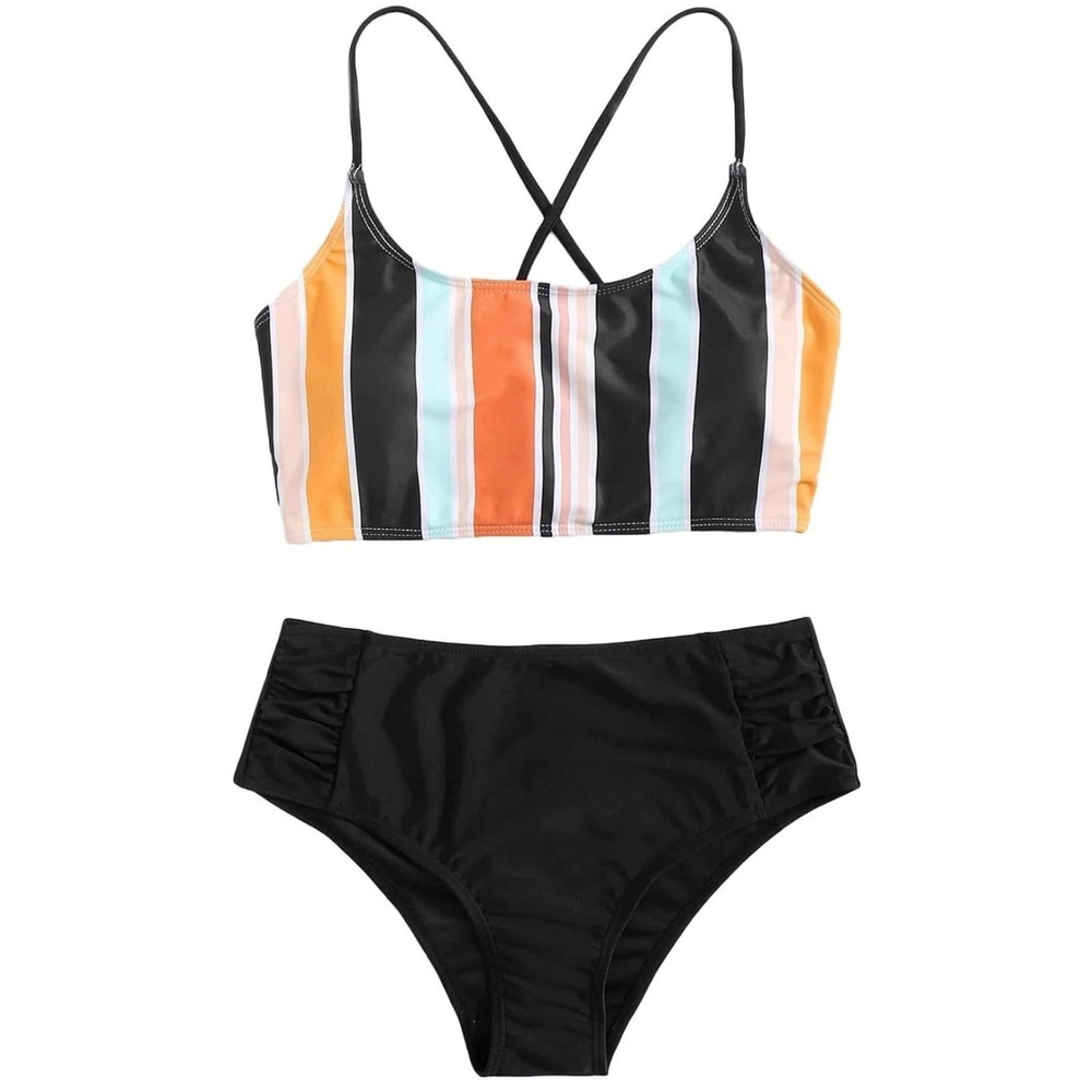 SweatyRocks Bathing Suits Striped Criss Cross‎ Bikini Set High Waisted Swimsuit